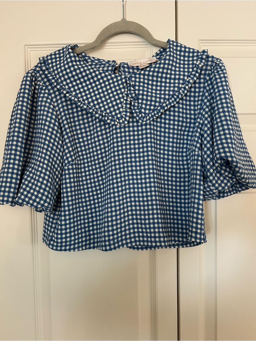 Monteau Blue and White Gingham Ruffle Collar Blouse